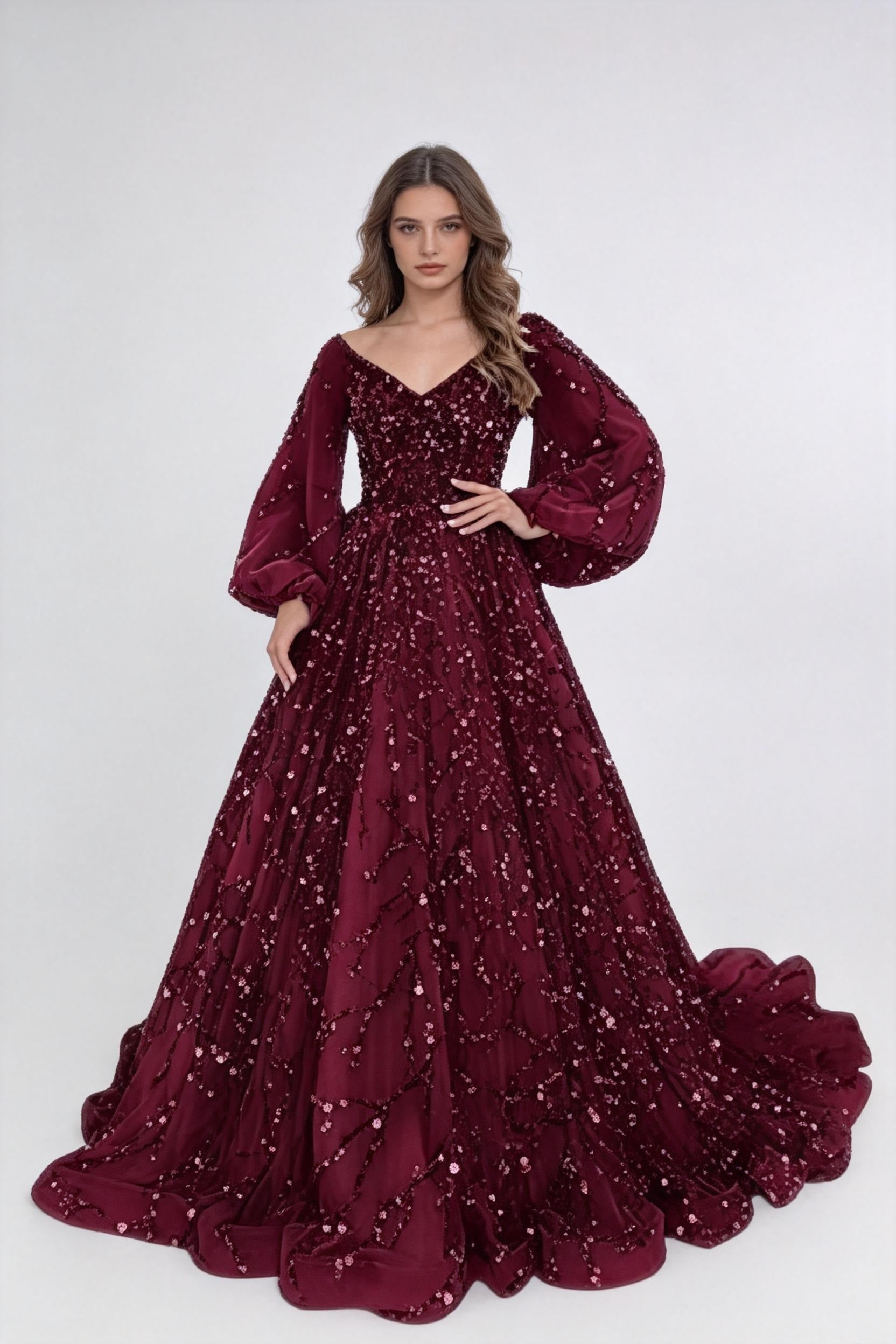 Glitter A-line Long Sleeves Ball Gown,Sweet 16 Dress,Princess Dress Y4900