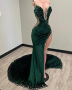Green Velvet Sexy Strapless Prom Dresses Women Custom Split Long Evening Dress Y1422