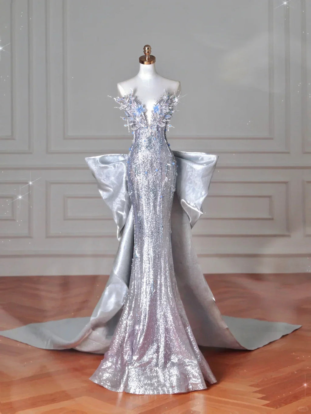 Luxury Silver Sequin 3D Beaded Mermaid Evening Dress Long Prom Dress With Bow Y8640