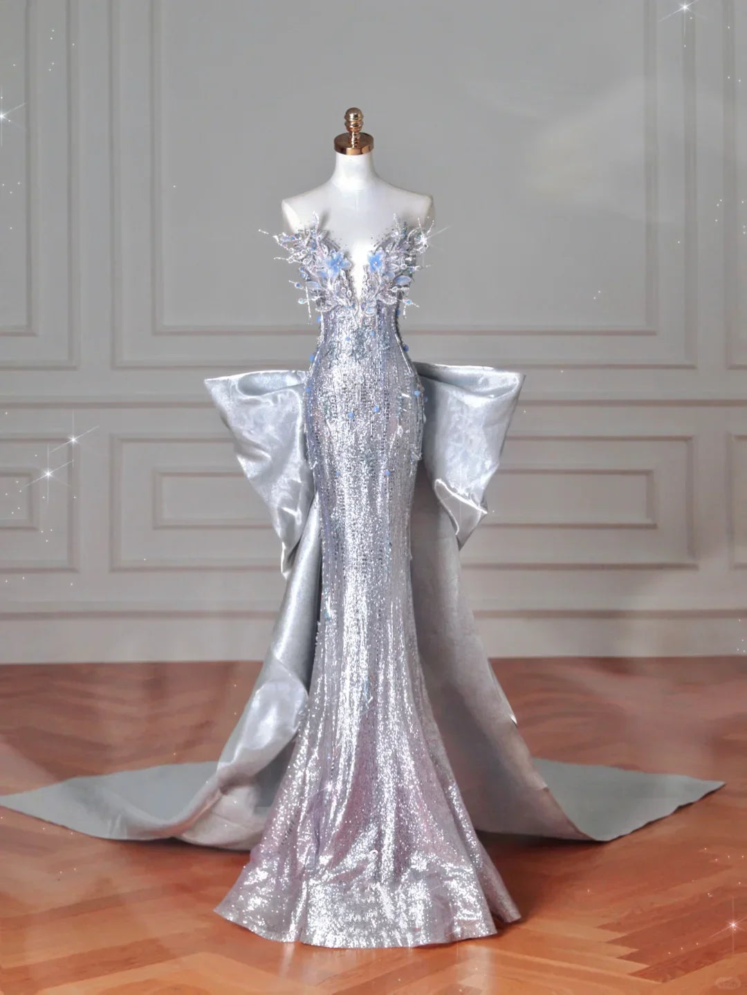 Luxury Silver Sequin 3D Beaded Mermaid Evening Dress Long Prom Dress With Bow Y8640