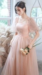 Pink tulle long A line prom dress pink evening gown Y1926