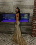 Princess Embroidered Corset Style Gold Mermaid Evening Dress Y5887