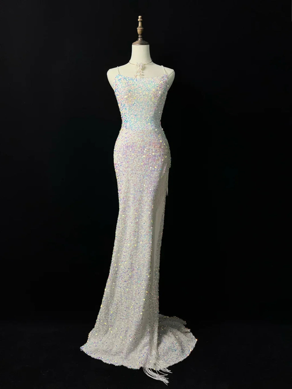 Sparkly White Spaghetti Straps Sequins Prom Dress Mermaid Slit Tassel Evening Dress Y8648