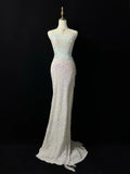 Sparkly White Spaghetti Straps Sequins Prom Dress Mermaid Slit Tassel Evening Dress Y8648