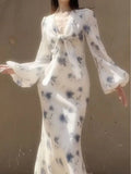 Elegant Ice Blue Rose Chiffon Print Floral Prom Dress Long Mermaid Evening Dress Y8407