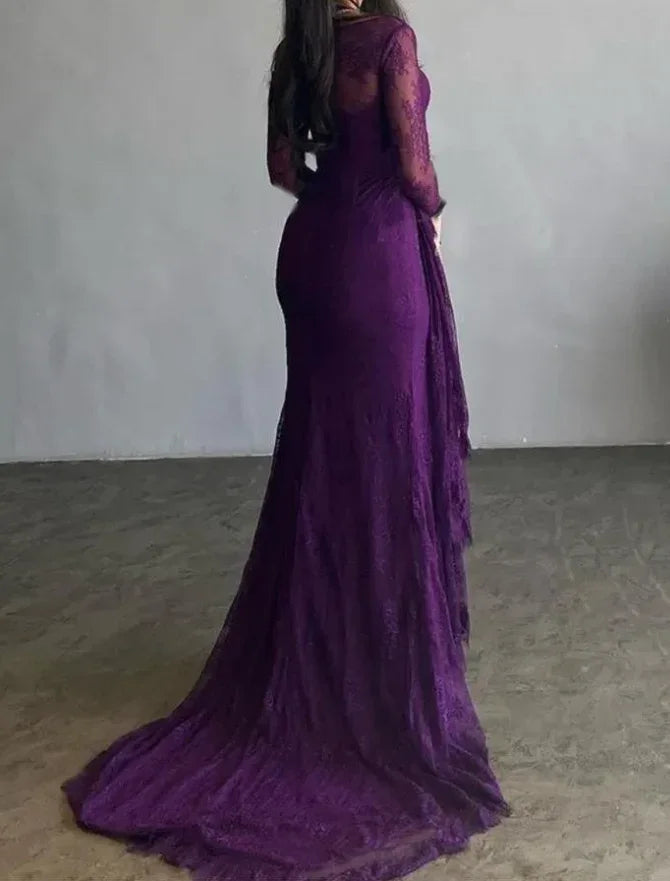 Goegeous Mermaid Split-Side Pleated Lace Evening Dress Purple Long Prom Dress Y7766