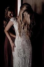 Roycebridal Cap Sleeve Sheath Boho Wedding Dresses Vintage Lace Rustic Wedding Dress,MW314