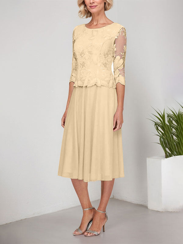 A-line Scoop Tea-Length Lace Chiffon Mother of the Bride Dress With Embroidery
