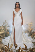 Long Mermaid Sweetheart Satin Lace Wedding Dresses with Slit