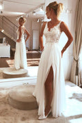 Charming Spaghetti straps Appliques Lace Split Beach Wedding Dress