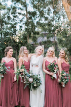 Chiffon A-line V-neck Spaghetti Straps Pleated Long Bridesmaid Dresses