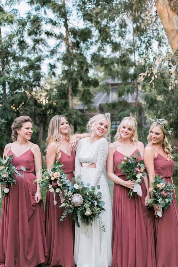 Chiffon A-line V-neck Spaghetti Straps Pleated Long Bridesmaid Dresses