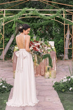 Chiffon Sequins A-line V-neck Long Bridesmaid Dresses With Bowknot