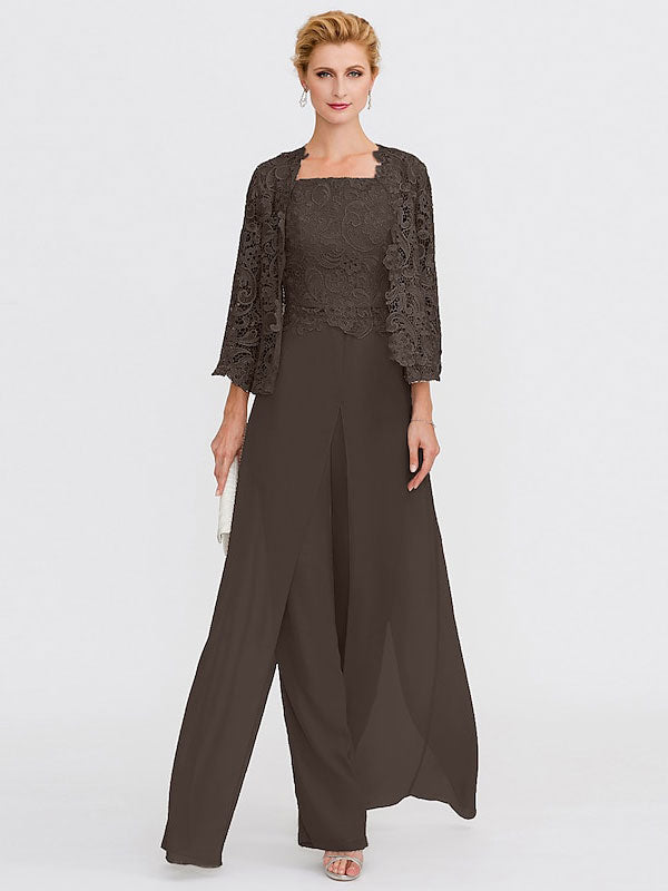3 Piece Chiffon Square Neck Mother of the Bride Pantsuits with Jacket
