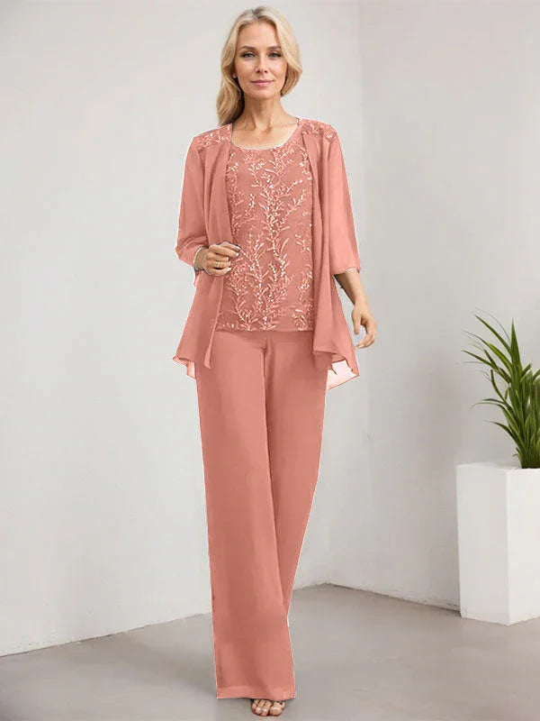 Separates Jumpsuit/Pantsuit Scoop Floor-Length Lace Chiffon Mother of the Bride Dress With Sequins