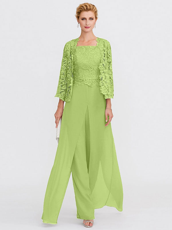 3 Piece Chiffon Square Neck Mother of the Bride Pantsuits with Jacket