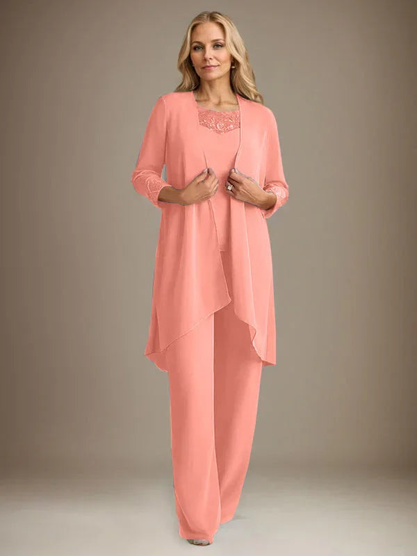 Chiffon Scoop Long Sleeves Mother Of The Bride Pantsuits With Jacket