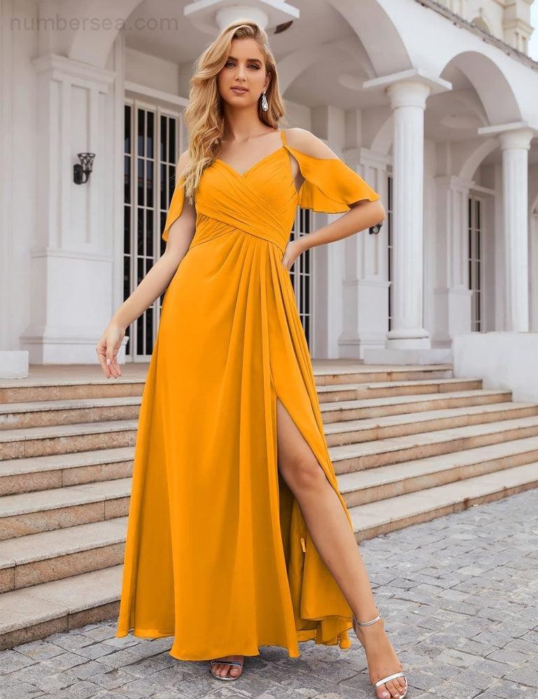 Chiffon Cold Shoulder Long Bridesmaid Dresses Plus Size Formal Prom Gowns for Women Party Wedding  SEA28070