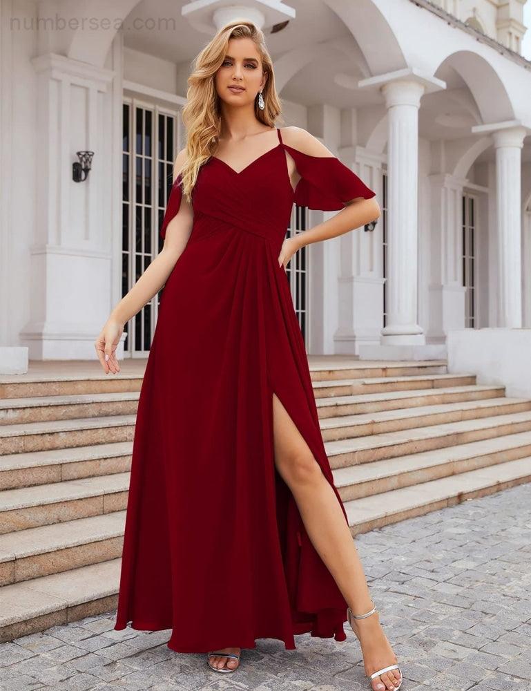 Chiffon Cold Shoulder Long Bridesmaid Dresses Plus Size Formal Prom Gowns for Women Party Wedding  SEA28070