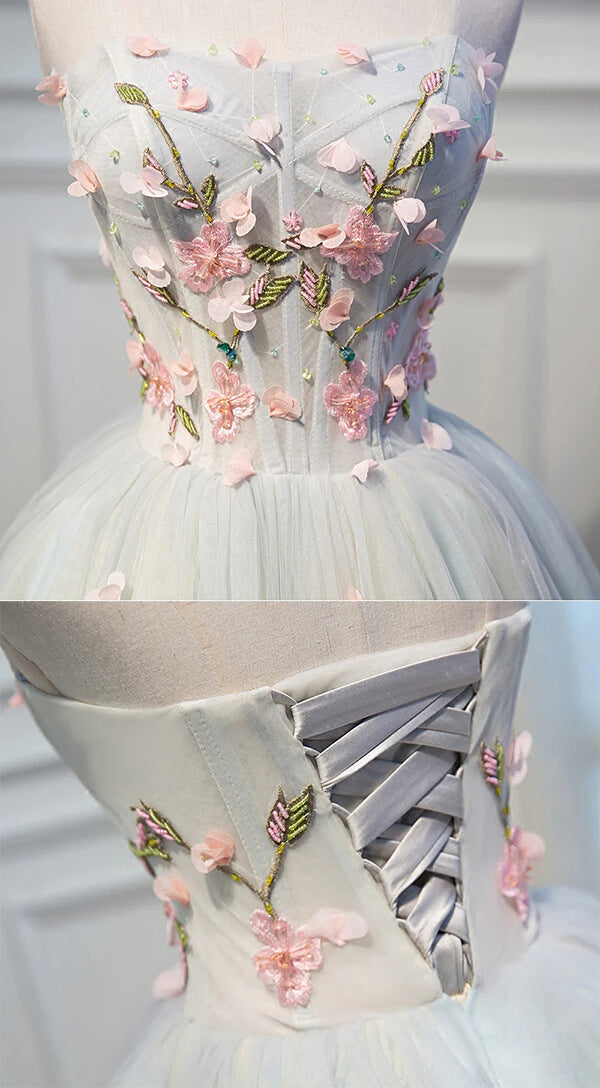 Cute Gray Tulle A-line Sweetheart Short Homecoming Dresses With Flowers