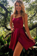 Cute Red Satin A-line Cross Back Spaghetti Straps Homecoming Dresses