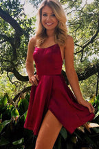 Cute Red Satin A-line Cross Back Spaghetti Straps Homecoming Dresses