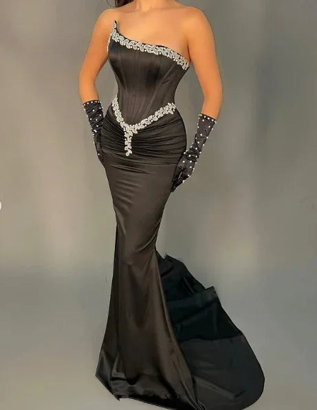 Classy Black Strapless Mermaid Evening Dress Satin Beaded Prom Dress With Gloves Y8530