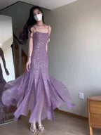 Sexy Mermaid Spaghetti Straps Purple Chiffon Beaded Evening Dress Prom Dress Y7812