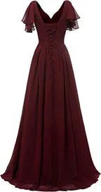 Leaf Sleeve Bridesmaid Dress V Neck Chiffon Long Formal Wedding Evening Dress Y1206