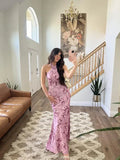 Elegant Halter Pink Satin Print Long Prom Dress Evening Dress Y8454