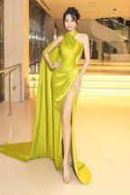 Gorgeous Green Halter Satin Slit Mermaid Prom Dress Long Evening Dress Y8562