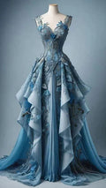 Classy Blue Chiffon Appliques Ruffles Long Prom Dress Evening Dress Y8385