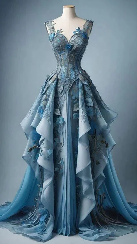 Classy Blue Chiffon Appliques Ruffles Long Prom Dress Evening Dress Y8385