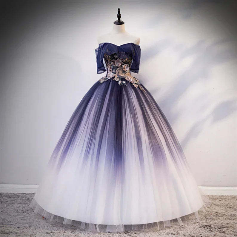 Ombre Beading Floral Lace Tulle Dress, Quinceañera Dress, Ball Gown Y1935