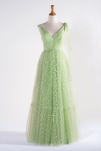 V-neck Dotted Floor Length Tulle Prom Dress