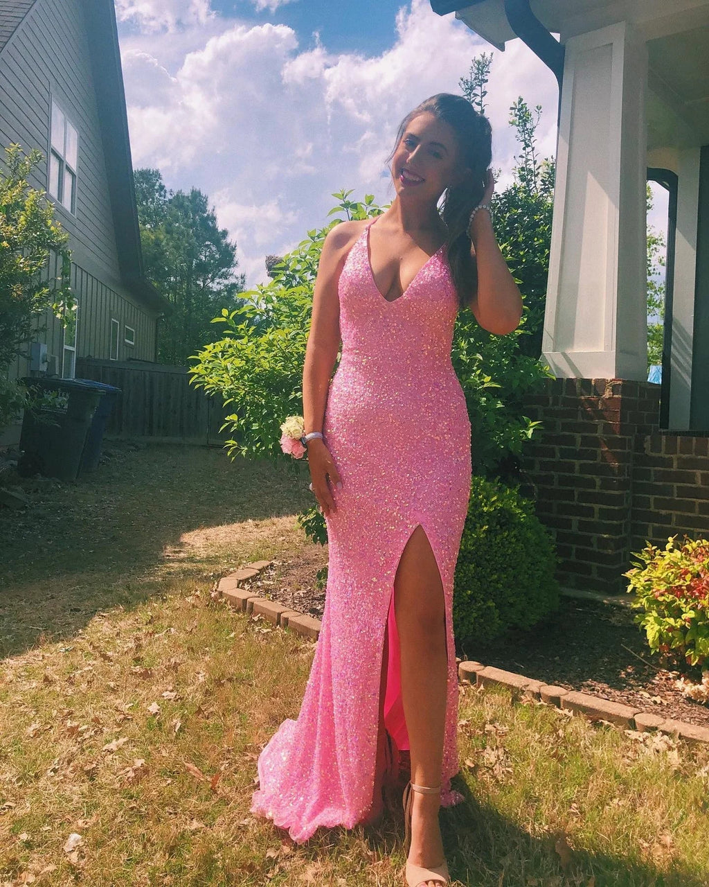 Pink Halter Neckline Sequins Prom Dress Sexy Evening Dress Side Slit Y268