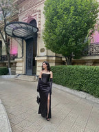 Charming Black Strapless Sheath Prom Dress With Split Black Evening Dress Y6385