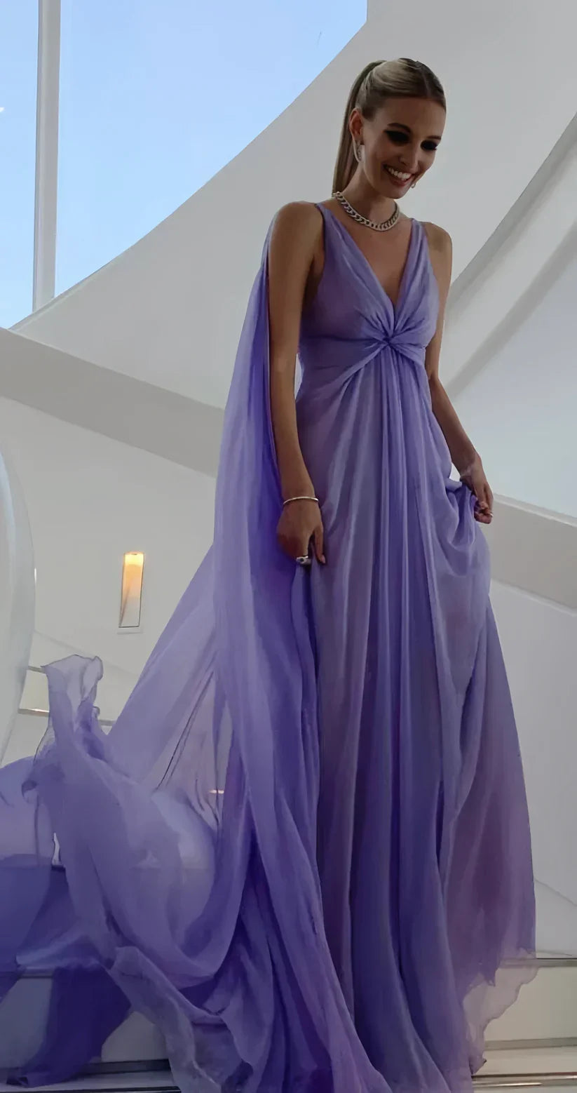 Simple Purple V Neck Tulle Prom Dress Long Evening Gown Y7774