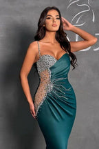 Dark Green Column Spaghetti Straps Beadings Sleeveless Prom Dresses with Ruffles