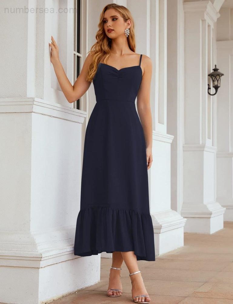 Spaghetti Strap Chiffon Bridesmaid Dress Ankle Length Formal A Line Cocktail Party Homecoming Dress for Juniors  SEA28028