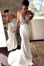Deep V Neck Mermaid Spaghetti Straps Backless Wedding Dress