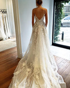 Deep V Neck Spaghetti Straps Beach Wedding Dress Bridal Gown
