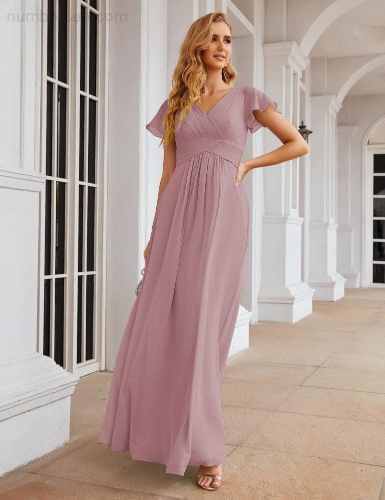 Chiffon Bridesmaid Dress Cap Sleeves Maxi Prom Gowns Party Wedding Mother of The Bride Dresses for Women SEA28047