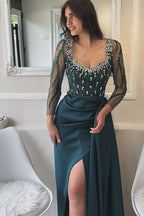 Designer Column Scoop Long Sleeve Rhinestone Satin Tulle Split Prom Dresses