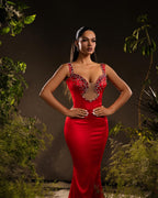 Designer Mermaid Satin Off-The-Shoulder Sleeveless Red Prom Dress With Rhinestone