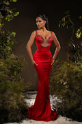 Designer Mermaid Satin Off-The-Shoulder Sleeveless Red Prom Dress With Rhinestone