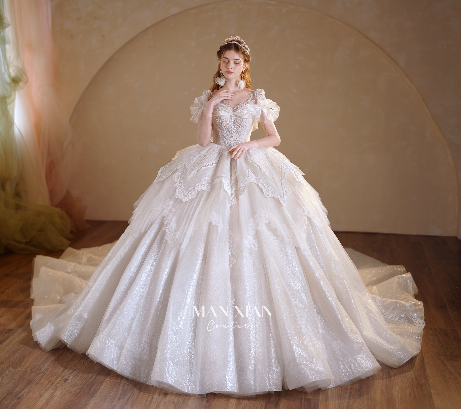 Ethereal Off-Shoulder Crystal Ball Gown Wedding Dress with Cathedral Train & Lace Appliqués