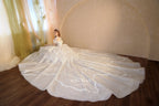 Ethereal Off-Shoulder Crystal Ball Gown Wedding Dress with Cathedral Train & Lace Appliqués