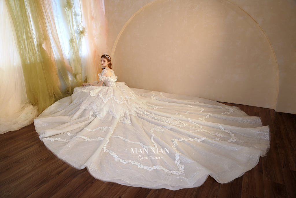 Ethereal Off-Shoulder Crystal Ball Gown Wedding Dress with Bow Detail & Cathedral Train
