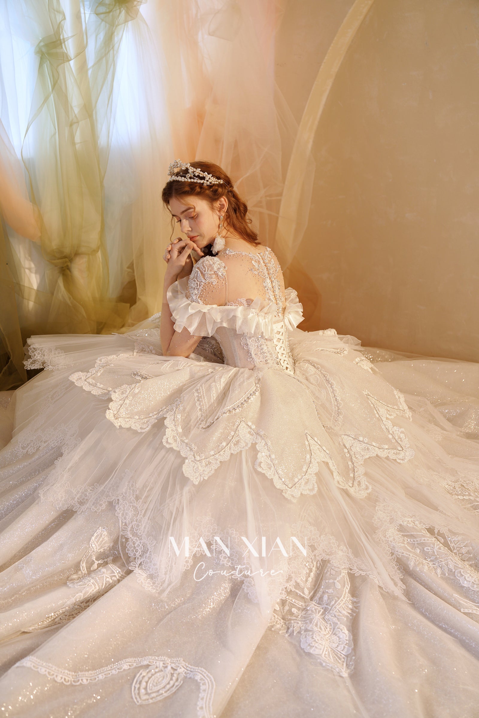 Ethereal Off-Shoulder Crystal Ball Gown Wedding Dress with Bow Detail & Cathedral Train